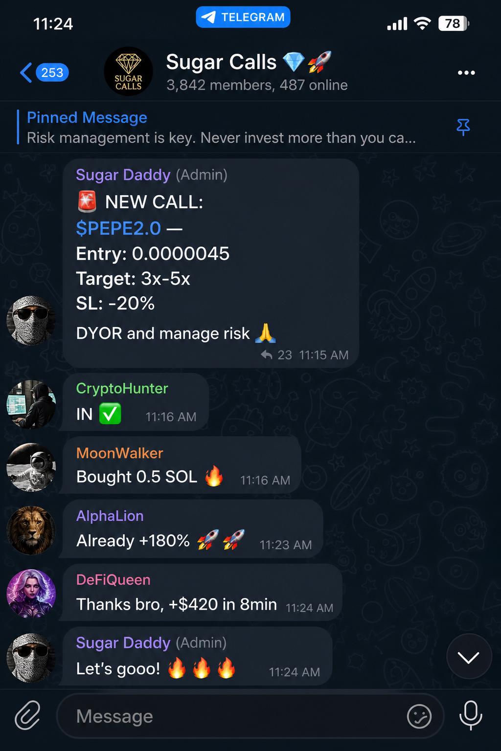 Sugar Calls Telegram chat showing a new memecoin call with entry, target, and members buying in