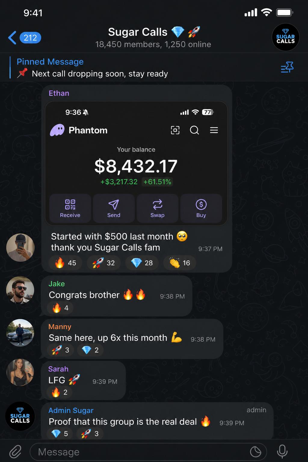 Sugar Calls member sharing a Phantom wallet screenshot at $8,432 after starting with $500